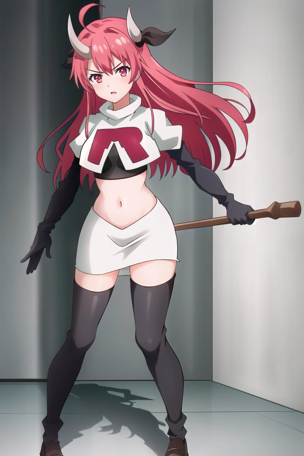 (extremely detailed CG unity 4k wallpaper),(masterpiece),(best quality),(ultra-detailed),(best illustration),(best shadow),(absurdres),(detailed background) Kotori Itsuka, 1girl, horns, red hair, red eyes, long hair, solo, breasts, team rocket,team rocket uniform,white skirt,red letter R,crop top,black thigh-highs,black elbow gloves, weapon, ahoge, ribbon