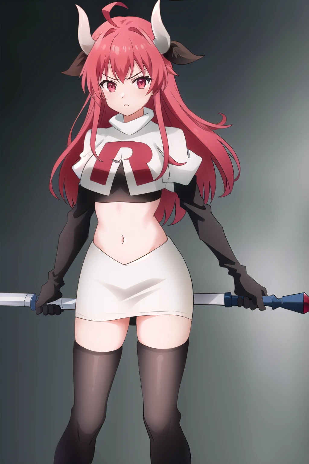 (extremely detailed CG unity 4k wallpaper),(masterpiece),(best quality),(ultra-detailed),(best illustration),(best shadow),(absurdres),(detailed background) Kotori Itsuka, 1girl, horns, red hair, red eyes, long hair, solo, breasts, team rocket,team rocket uniform,white skirt,red letter R,crop top,black thigh-highs,black elbow gloves, weapon, ahoge, ribbon