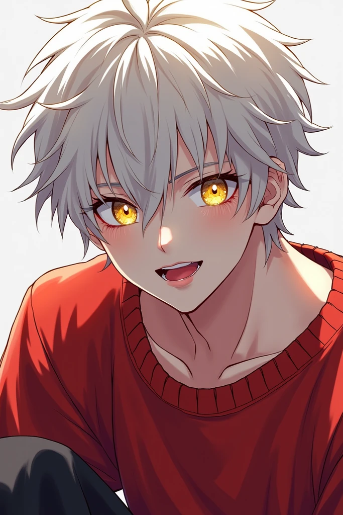 anime character, male,  white shiny, curly hair, white skin, yellow sparkling eyes, , muscular , tall, teenack gi pants, long eyelashes, lip gloss red sweater 