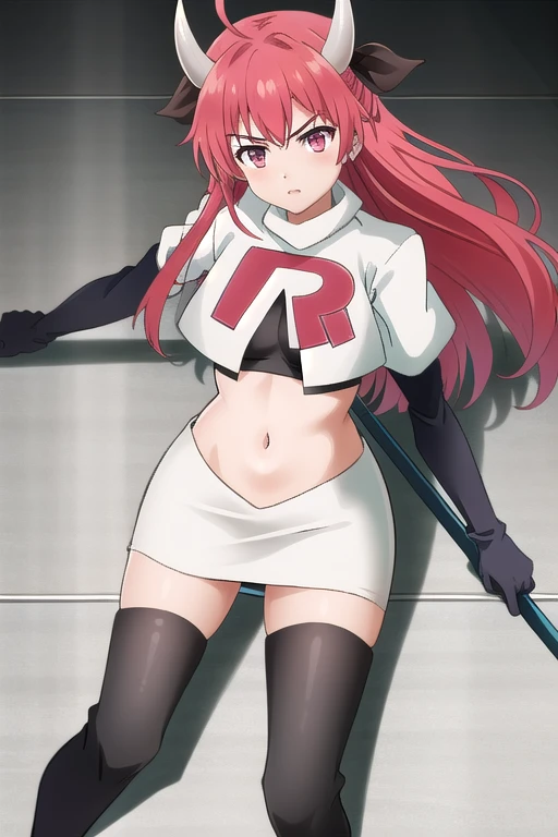 (extremely detailed CG unity 4k wallpaper),(masterpiece),(best quality),(ultra-detailed),(best illustration),(best shadow),(absurdres),(detailed background) Kotori Itsuka, 1girl, horns, red hair, red eyes, long hair, solo, breasts, team rocket,team rocket uniform,white skirt,red letter R,crop top,black thigh-highs,black elbow gloves, weapon, ahoge, ribbon