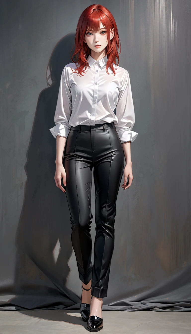 (RAW shooting, Photoreal:1.5, 8k, highest quality, masterpiece, ultra high resolution), perfect dynamic composition:1.2, Highly detailed skin and facial textures:1.2,beautiful and aesthetic:1.2, full body, Fair skin, (large breast:1.4), (perfect limbs:1.2), (perfect fingers:1.2),(caucasian,1girl,earrings,makeup, tall,short blonde hair,perfect thigh, vest,tight white shirt,long sleeves,necktie,belt,tight black long pants,ankle black boots,fingerless gloves),(simple background:1),