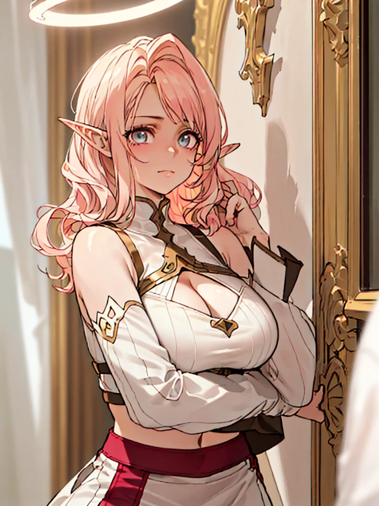 ((SFW)), ((three-quarters-body portrait)), ((solo)). ((1girl, youthful girl, elf girl, shirt girl, small girl)), ((brown eyes, pink accent, silver accent, beautiful eyes, expressive eyes, calm expression, serene expression, neutral expression, slight smile, high-quality eyes, pointed ears, pointy ears, elf ears, long pointed ears, cute face:1.1, delicate face, soft face, pretty face, girly face:1.1)), ((blonde hair, pale blonde hair, pink hair, pastel pink hair, long hair, wavy hair, curly hair, messy hair, swept bangs, uneven bangs, stylish hair, uneven hairstyle, asymmetrical hairstyle, halo, golden halo, white halo)), ((short, slim:1.4, slender:1.4, thin:1.4, enormous breasts: 1.5, huge breasts:1.4, large breasts:1.3, big breasts:1.2, round breasts:1.5 heavy breasts:1.7, pushup cleavage)), ((short dress, high neck, cleavage cutout, long sleeves, shoulder cutout, bare shoulders, open dress, short shorts, midriff cutout, tight shorts, flowing dress)). ((Anime, rpg, fantasy, medieval, medieval fantasy)), ((high quality, masterpiece, 32k, detailed face, detailed eyes, detailed hair, detailed outfit)), ((anime)), (realistic proportions), (good anatomy), cinematics, indoors, inside, bedroom, medieval, fantasy, cinematic lighting, perfect lighting, depth of field