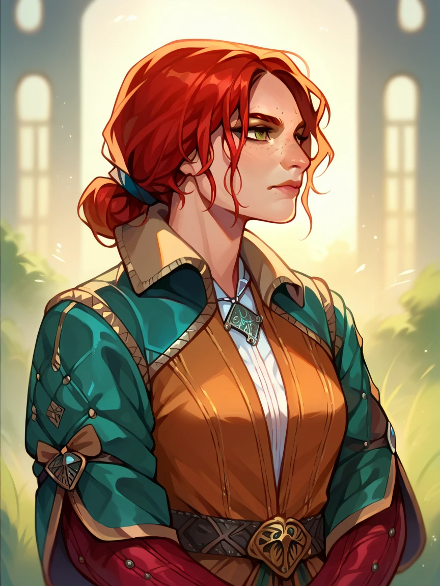 score_9, score_8_up, score_7_up, score_6_up, score_5_up,   triss merigold, 1girl, solo, red hair, freckles, hair bun, jacket,