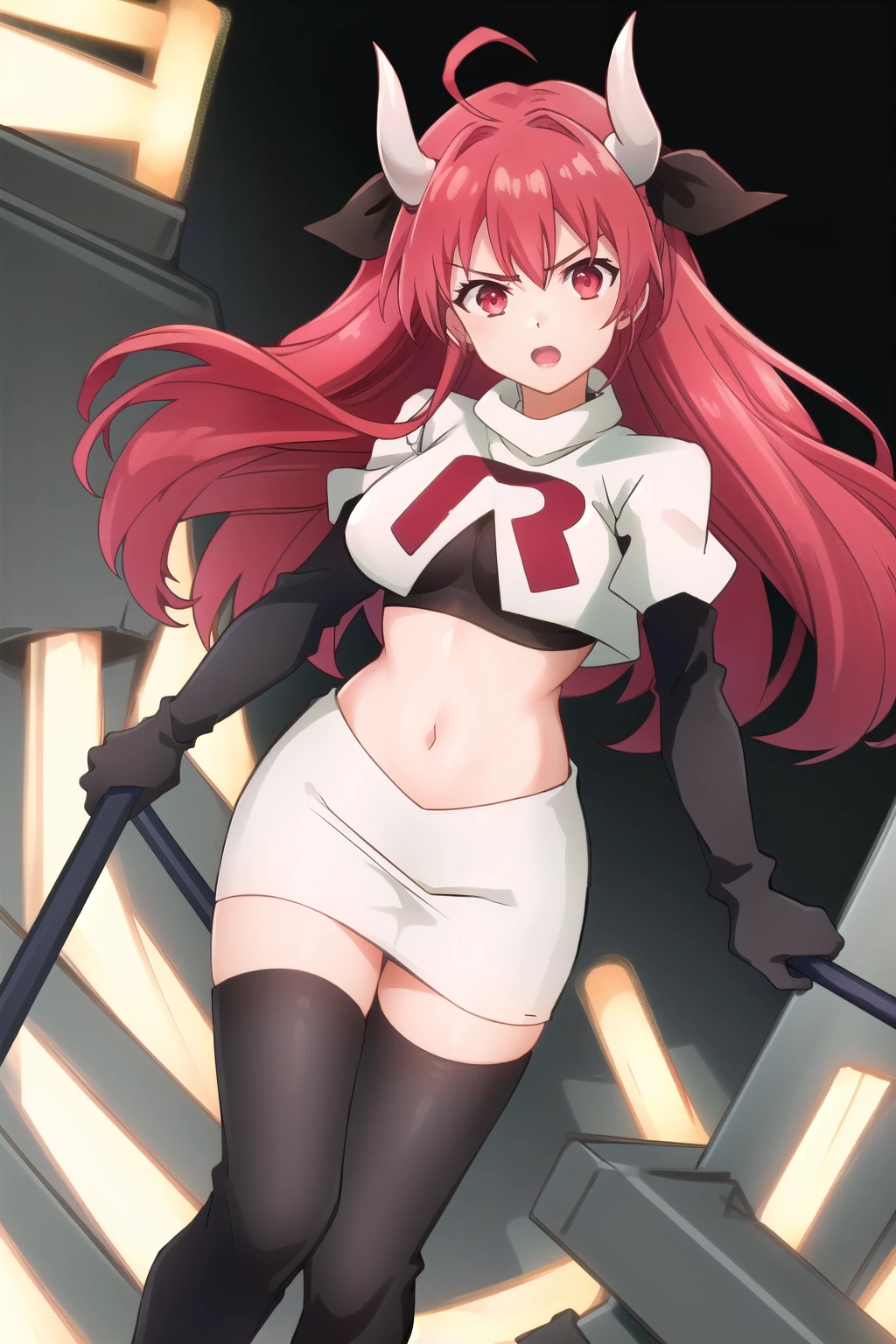 (extremely detailed CG unity 4k wallpaper),(masterpiece),(best quality),(ultra-detailed),(best illustration),(best shadow),(absurdres),(detailed background) Kotori Itsuka, 1girl, horns, red hair, red eyes, long hair, solo, breasts, team rocket,team rocket uniform,white skirt,red letter R,crop top,black thigh-highs,black elbow gloves, weapon, ahoge, ribbon