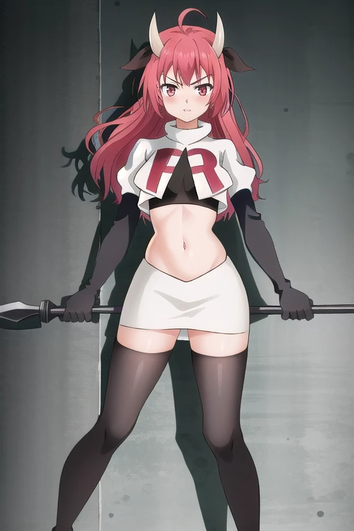 (extremely detailed CG unity 4k wallpaper),(masterpiece),(best quality),(ultra-detailed),(best illustration),(best shadow),(absurdres),(detailed background) Kotori Itsuka, 1girl, horns, red hair, red eyes, long hair, solo, breasts, team rocket,team rocket uniform,white skirt,red letter R,crop top,black thigh-highs,black elbow gloves, weapon, ahoge, ribbon