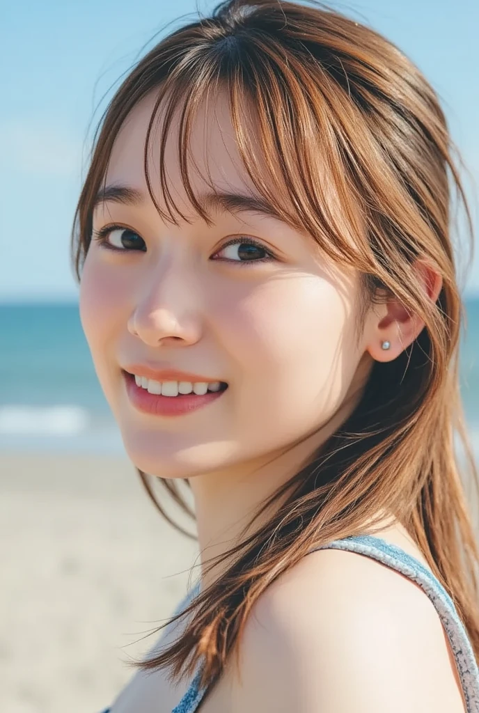  top quality 、8,masterpiece、、 super high res、( Photorealistic :1.4)、Original photo、 1 girl、  shiny maroon hair  ,  long hair, ( Clean brown eyes )、smile、  sparkling eyes  , (fine grain)、  very detailed face,  very detailed eyes ,  cowboy shot ，Seaside Park，To you，はにかんだsmile，A Clear Midsummer Day  ，  lens flare、 Midsummer Night、Seaside，（  Beautiful Sunsets  :1.5),((aqua blue bikini top 、  sexy distressed denim shorts))、nsfw (Bali Beach,  the shining sun , Blue Sea, Baiyun)