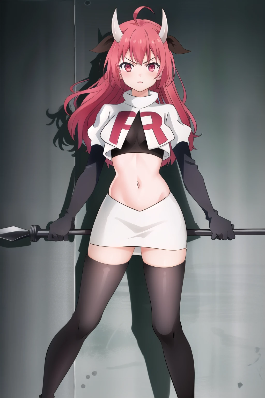 (extremely detailed CG unity 4k wallpaper),(masterpiece),(best quality),(ultra-detailed),(best illustration),(best shadow),(absurdres),(detailed background) Kotori Itsuka, 1girl, horns, red hair, red eyes, long hair, solo, breasts, team rocket,team rocket uniform,white skirt,red letter R,crop top,black thigh-highs,black elbow gloves, weapon, ahoge, ribbon