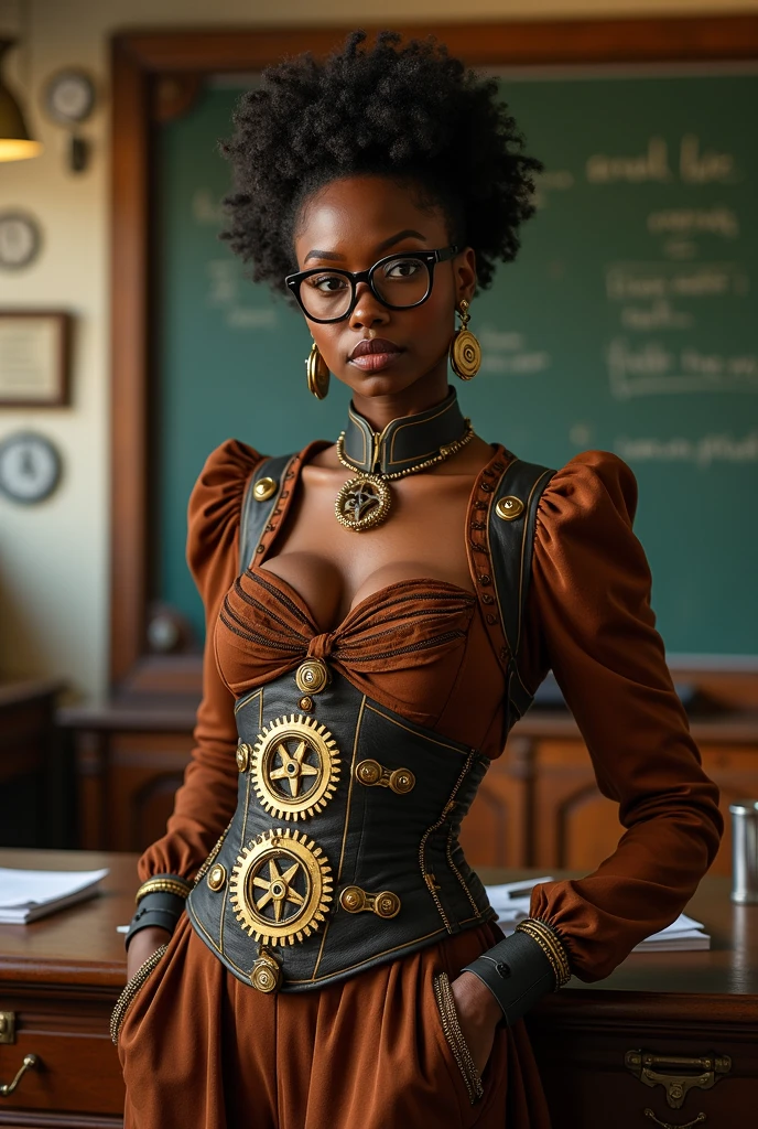 @(tags)Uma mulher de aproximadamente 19 anos de idade,green eyes,detailedgreen eyes,beautiful detailed eyes,dreadlocked hair,brown skin,detailed brown skin,red glasses,pleated skirt,detailed pleated skirt,red corset,beautiful red corset (best quality,4k,8k,highres,masterpiece:1.2),ultra-detailed,(realistic,photorealistic,photo-realistic:1.37),HDR,UHD,studio lighting,ultra-fine painting,sharp focus,physically-based rendering,extreme detail description,professional,vivid colors,bokeh,portraits