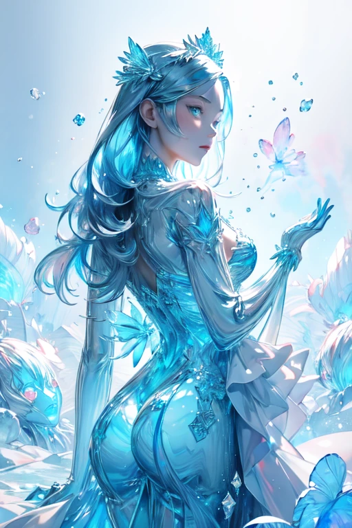 (masterpiece),  top quality ,  super detailed ,  illustrations, Detailed light,｛｛Statue of a woman sculpted in a transparent crystal｝｝、Cold 、｛｛cold｝｝、Freezing Temperatures 、,(((watercolor))), blue crystal hair、Ice Crystal Dress 、 Ice Crystals Like Hair、Ice Tiara、coldの霧、 Snowflakes、 High Quality Glow、｛｛｛Melted Ice ｝｝｝、Dry ice fog、（（watercolor））