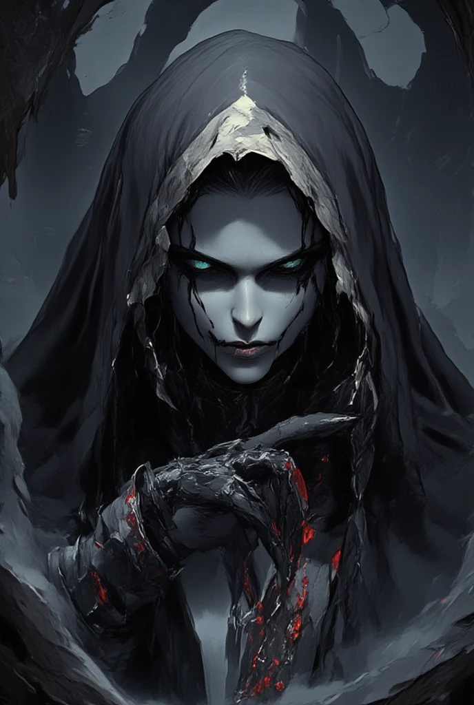 A sinister, demonic nun stands in the shadows of a crumbling, gothic cathedral. Her hollow, glowing red eyes pierce the darkness, and her twisted smile reveals sharp, fang-like teeth. She wears a tattered, black-and-gray habit that drips with unholy ichor, blending traditional religious attire with a macabre, otherworldly aesthetic. Her pale, cracked skin is etched with glowing runes of ancient curses. Wisps of dark smoke rise from her clawed hands, which clutch a corrupted rosary with inverted crosses. The air around her crackles with malevolent energy, and the faint sound of whispers and distant screams fills the eerie silence. The setting is illuminated by dim, flickering candlelight, casting long, menacing shadows that seem to move with a life of their own