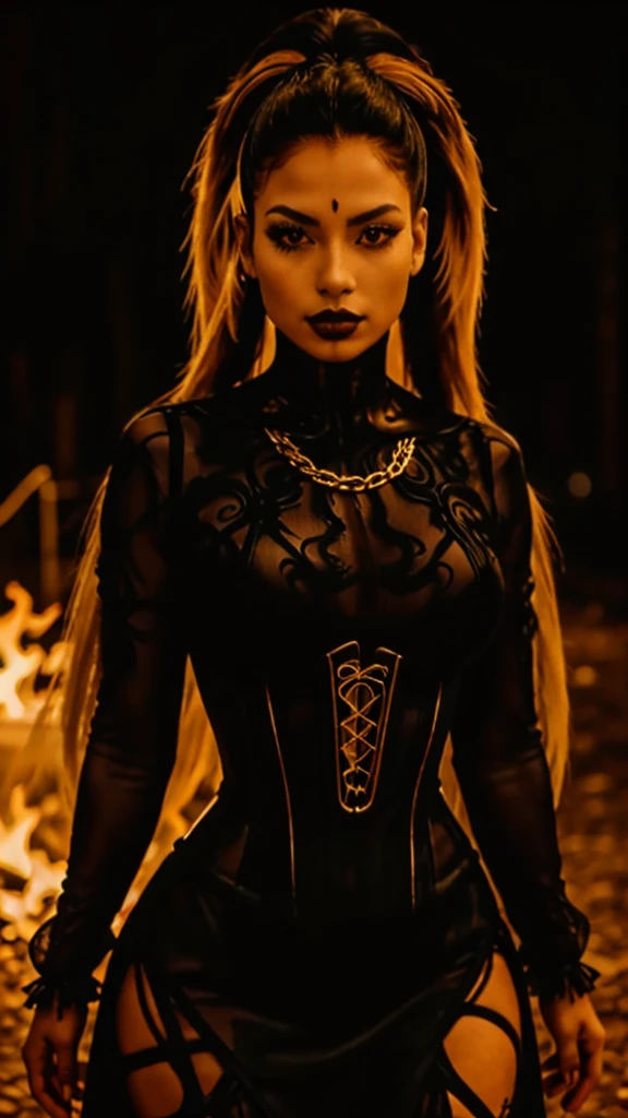 A Mongolian Latin American biracial woman with tall body and feminine curves. The woman has a long braided hairstyle with shaved sides on her head ((Undercut)). The woman is wearing a Gothic corset dress. The color of her clothing is black with yellow accents. Clothing has many patterns and chains. The woman dances frontally to the camera with fire. Your line of sight is into the camera. The background is a gothic cemetery at night. The woman has freckles on her face.