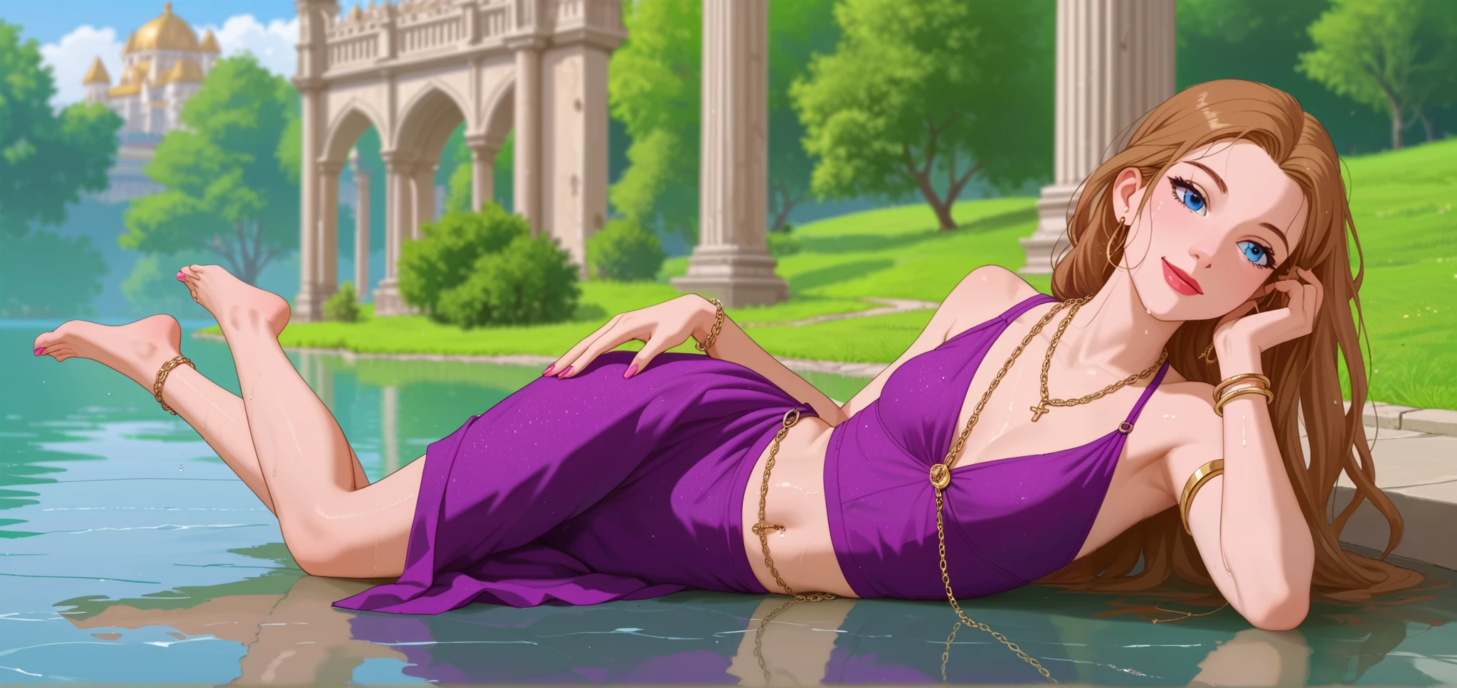 woman lying down, purple dress,  well lit ,  depth of field ,  full body,  necklace with golden crucifix,  hoop earring, gold rings , gold bracelet, breast chain,  gold navel piercing, golden ankle chain, belly chain,  long straight hair ,  brown hair, Huge wet hair, highly detailed,  high contrast ,  best quality,  masterpiece ,  high definition , strong black eyeliner, a pink nail,  red lips,  Blue Eyes,  small breasts ,  perfect face ,  perfect hands, perfect feet,  perfect eyes, perfect nose,  bare feet, open smile, palace, flores, Lake, aquatic plants 
