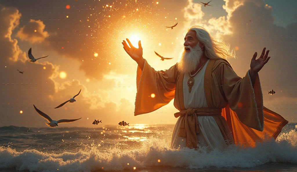 Imagine an epic and stylized scene where God appears as a majestic and energetic figure, as he creates the birds of the sky, seagulls, whales, clown fish in the sea, whales, and animals in general. His face shines so brightly that it is invisible, with a white beard and long white hair, glowing particles floating in the air. He raises His hand with authority, as warm-colored rays of light shoot out from His fingers, illuminating everything around Him. In the background, you can see the moon and the sun as God distributes the new elements, a contrast of clarity with lots of light, with the idea that He is beginning a great work of cosmic art. The expression on God's face reflects determination and creativity, and lots of joy with contemporary style to give the biblical moment a modern vibe.