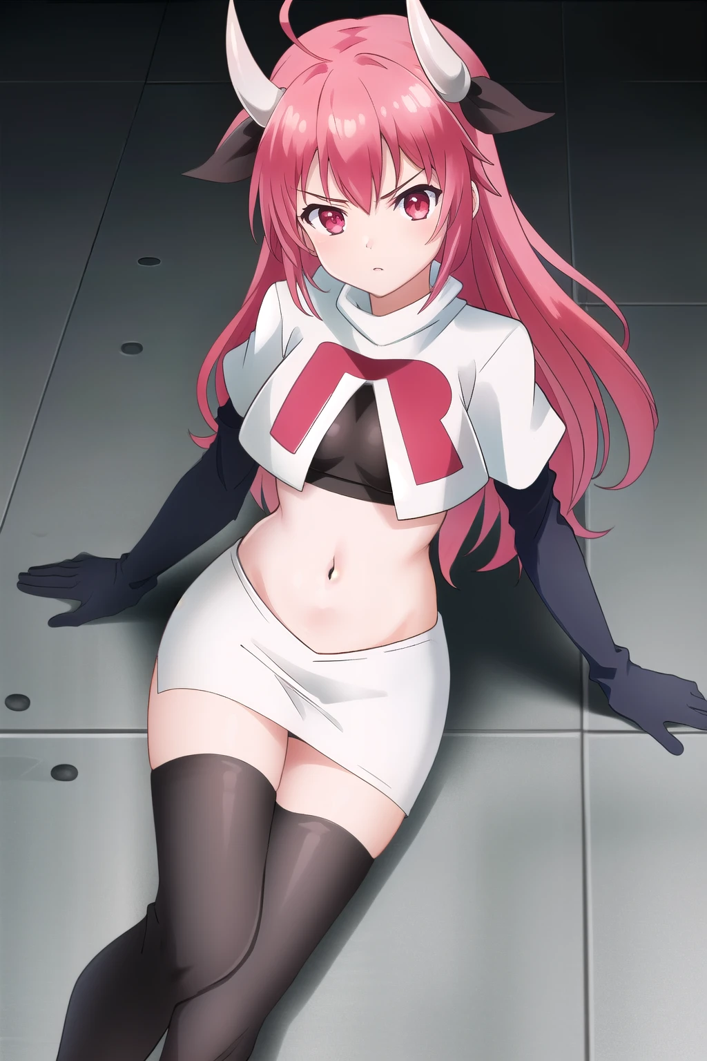 (extremely detailed CG unity 4k wallpaper),(masterpiece),(best quality),(ultra-detailed),(best illustration),(best shadow),(absurdres),(detailed background) Kotori Itsuka, 1girl, horns, red hair, red eyes, long hair, solo, breasts, team rocket,team rocket uniform,white skirt,red letter R,crop top,black thigh-highs,black elbow gloves, weapon, ahoge, ribbon