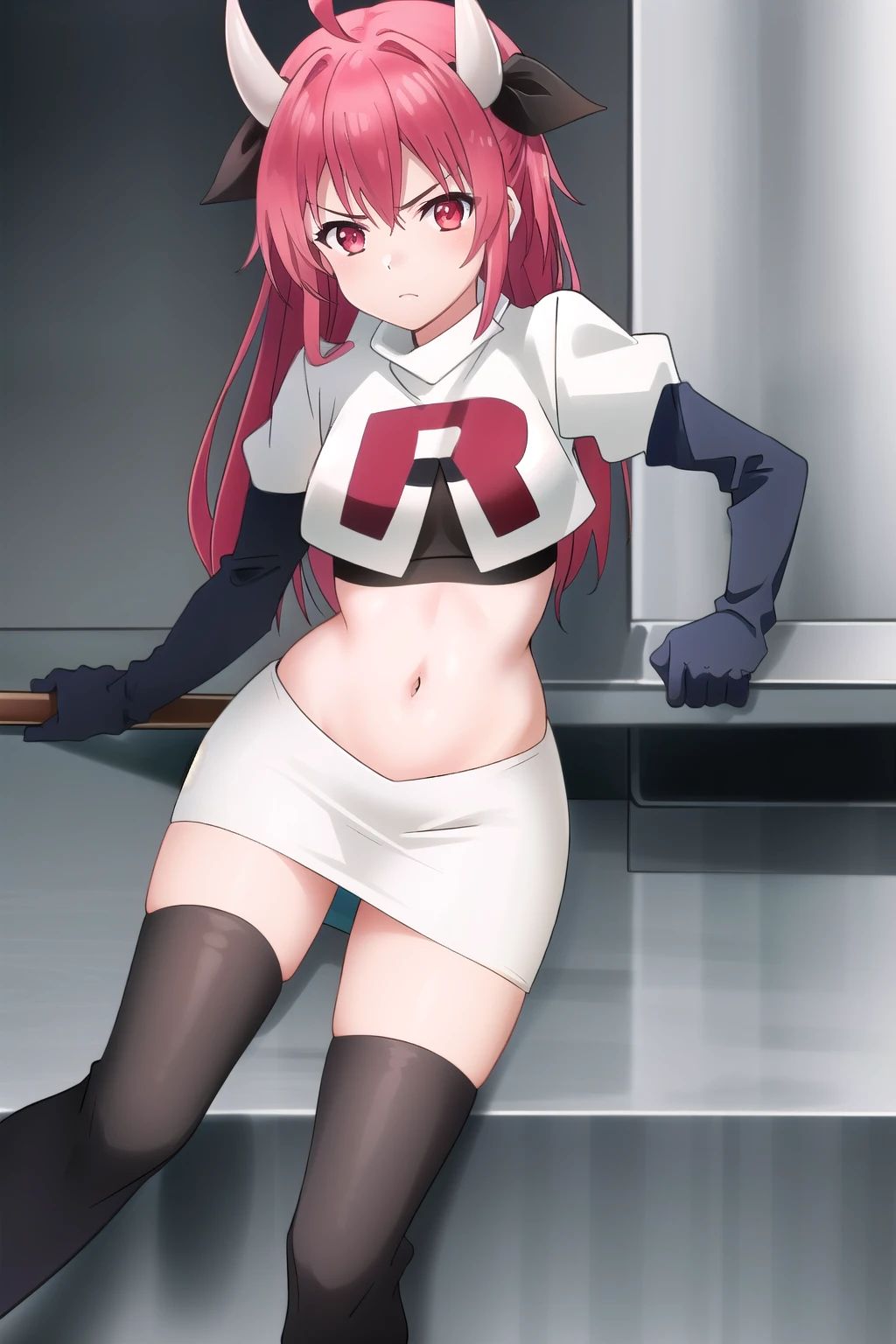 (extremely detailed CG unity 4k wallpaper),(masterpiece),(best quality),(ultra-detailed),(best illustration),(best shadow),(absurdres),(detailed background) Kotori Itsuka, 1girl, horns, red hair, red eyes, long hair, solo, breasts, team rocket,team rocket uniform,white skirt,red letter R,crop top,black thigh-highs,black elbow gloves, weapon, ahoge, ribbon