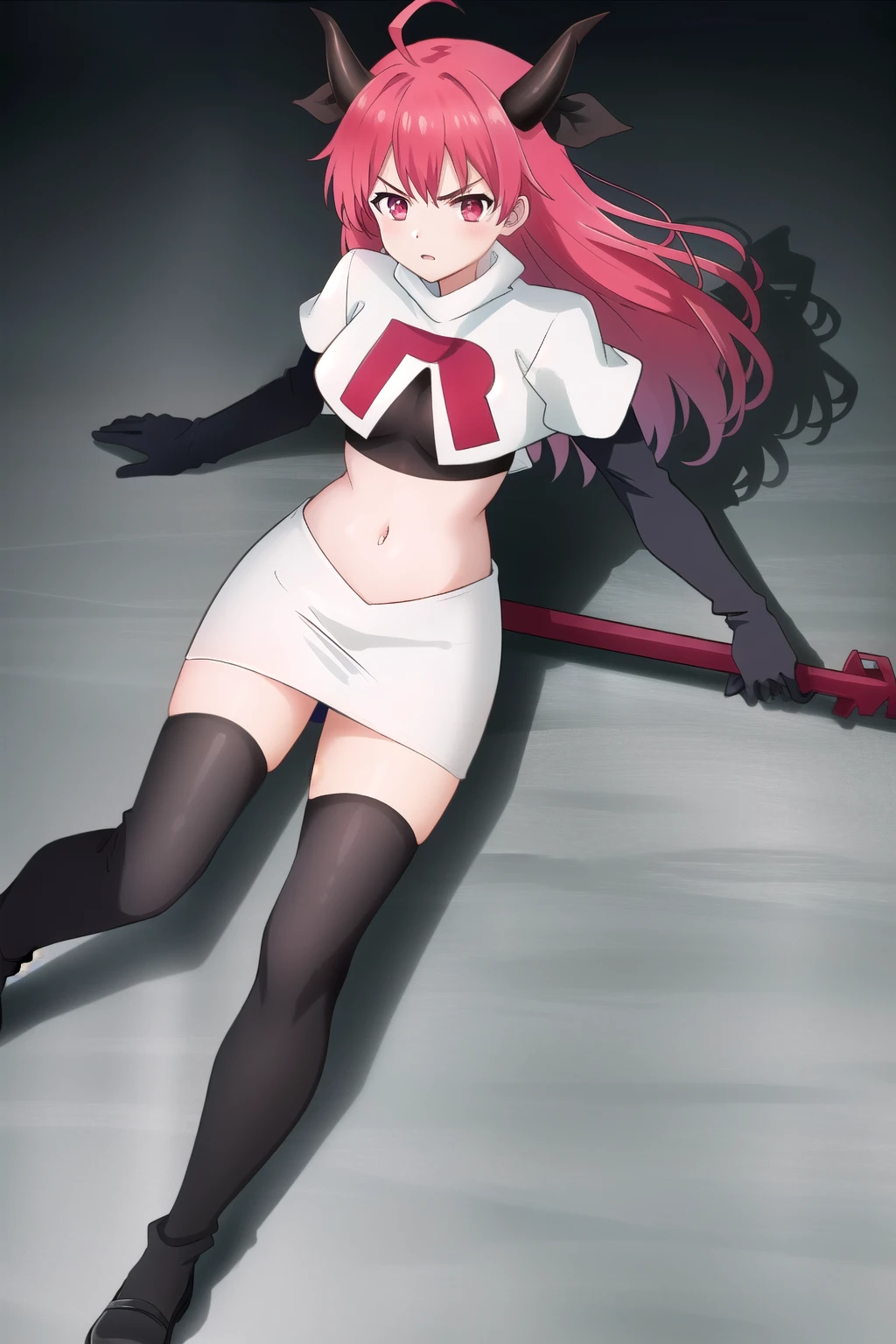 (extremely detailed CG unity 4k wallpaper),(masterpiece),(best quality),(ultra-detailed),(best illustration),(best shadow),(absurdres),(detailed background) Kotori Itsuka, 1girl, horns, red hair, red eyes, long hair, solo, breasts, team rocket,team rocket uniform,white skirt,red letter R,crop top,black thigh-highs,black elbow gloves, weapon, ahoge, ribbon