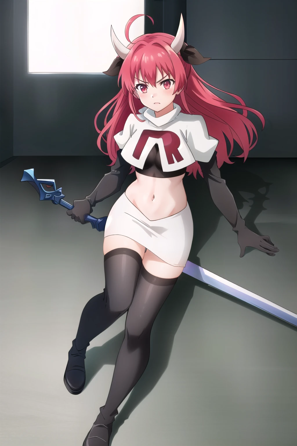 (extremely detailed CG unity 4k wallpaper),(masterpiece),(best quality),(ultra-detailed),(best illustration),(best shadow),(absurdres),(detailed background) Kotori Itsuka, 1girl, horns, red hair, red eyes, long hair, solo, breasts, team rocket,team rocket uniform,white skirt,red letter R,crop top,black thigh-highs,black elbow gloves, weapon, ahoge, ribbon