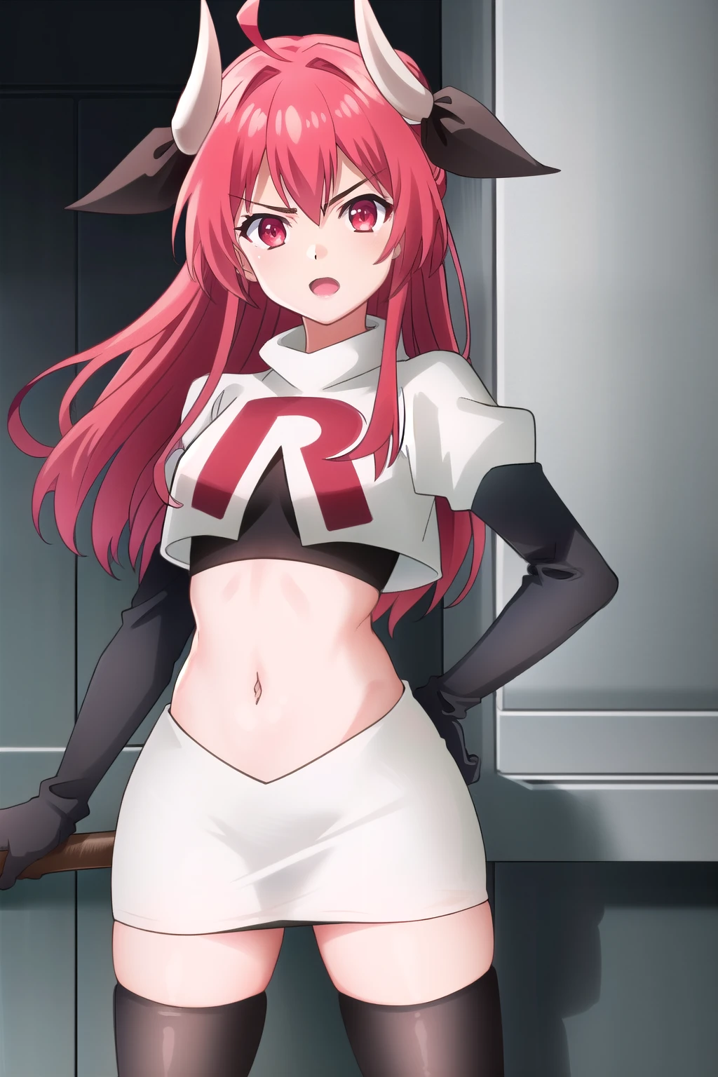 (extremely detailed CG unity 4k wallpaper),(masterpiece),(best quality),(ultra-detailed),(best illustration),(best shadow),(absurdres),(detailed background) Kotori Itsuka, 1girl, horns, red hair, red eyes, long hair, solo, breasts, team rocket,team rocket uniform,white skirt,red letter R,crop top,black thigh-highs,black elbow gloves, weapon, ahoge, ribbon