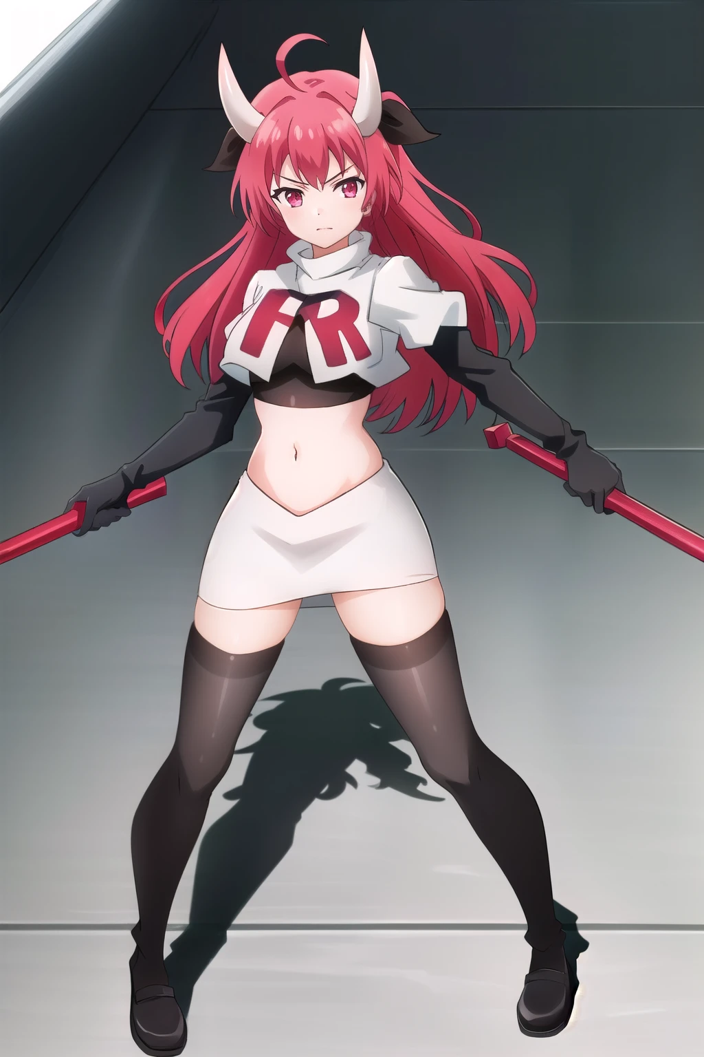 (extremely detailed CG unity 4k wallpaper),(masterpiece),(best quality),(ultra-detailed),(best illustration),(best shadow),(absurdres),(detailed background) Kotori Itsuka, 1girl, horns, red hair, red eyes, long hair, solo, breasts, team rocket,team rocket uniform,white skirt,red letter R,crop top,black thigh-highs,black elbow gloves, weapon, ahoge, ribbon