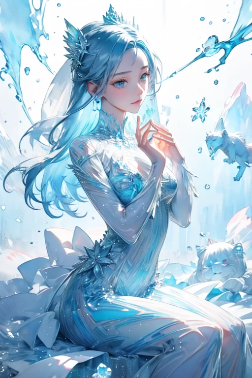 (masterpiece),  top quality ,  super detailed ,  illustrations, Detailed light,｛｛Statue of a woman sculpted in a transparent crystal｝｝、Cold 、｛｛cold｝｝、Freezing Temperatures 、,(((watercolor))), blue crystal hair、Ice Crystal Dress 、 Ice Crystals Like Hair、Ice Tiara、coldの霧、 Snowflakes、 High Quality Glow、｛｛｛Melted Ice ｝｝｝、Dry ice fog、（（watercolor））