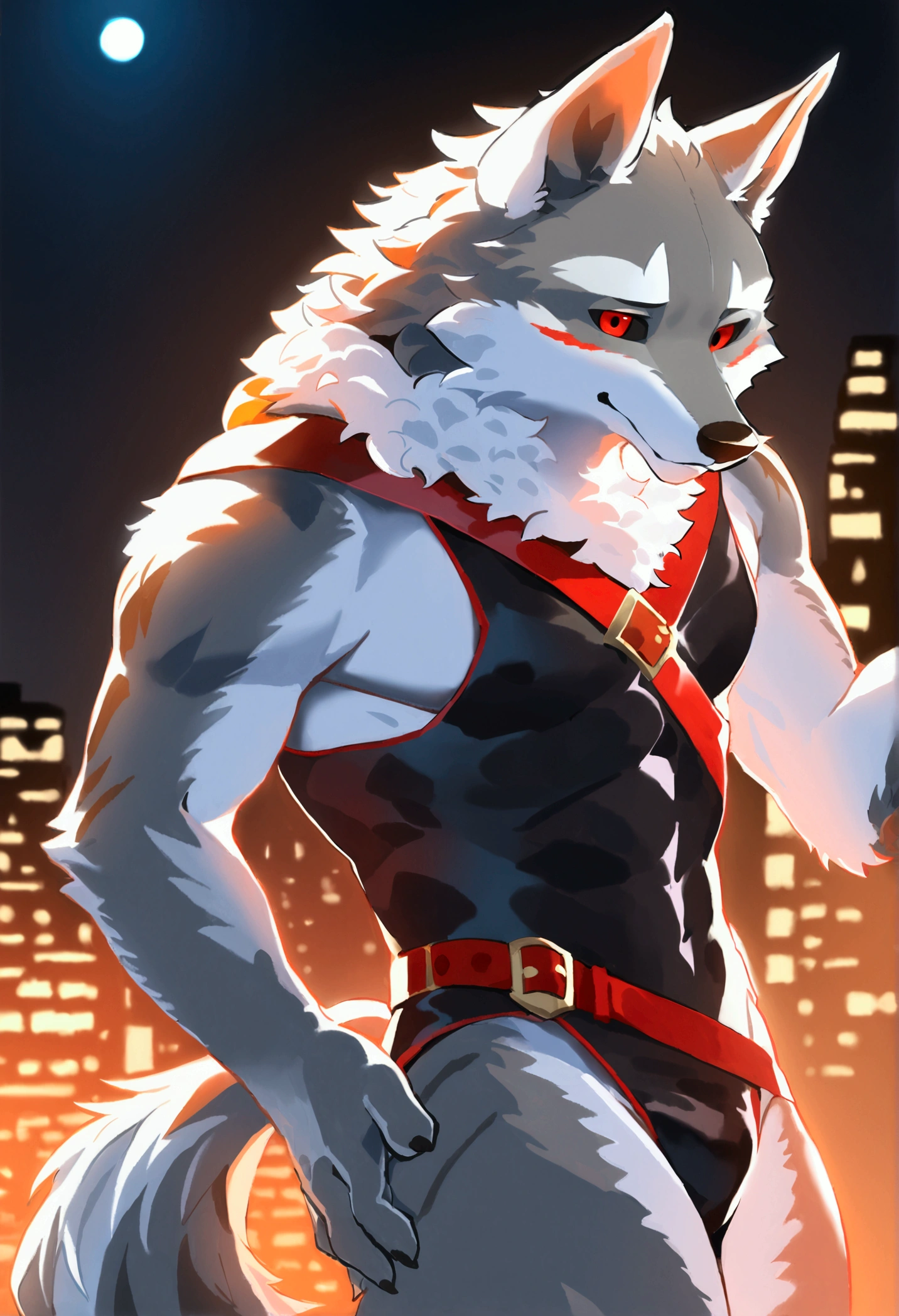 (top quality, best quality, Bogexboog, High-quality illustrations, masterpiece, perfect artwork, cinematic light and shading, 16k, 1080p, uploaded on e621)(kemono, furry, anthro, alone), 1 larger male, (very detailed body, face, tail, arms, hands, legs, head and eyes), Assasin’s Creed, grey wolf, Death, thick thighs, grey fur, fluffy, wolf ears, wolf fluffy tail, perfect eyes, black sclera eyes, red eyes, beautiful Assasin outfit, beautiful Assasin swimsuit, night city, body movement, body twitching, jiggle physics,