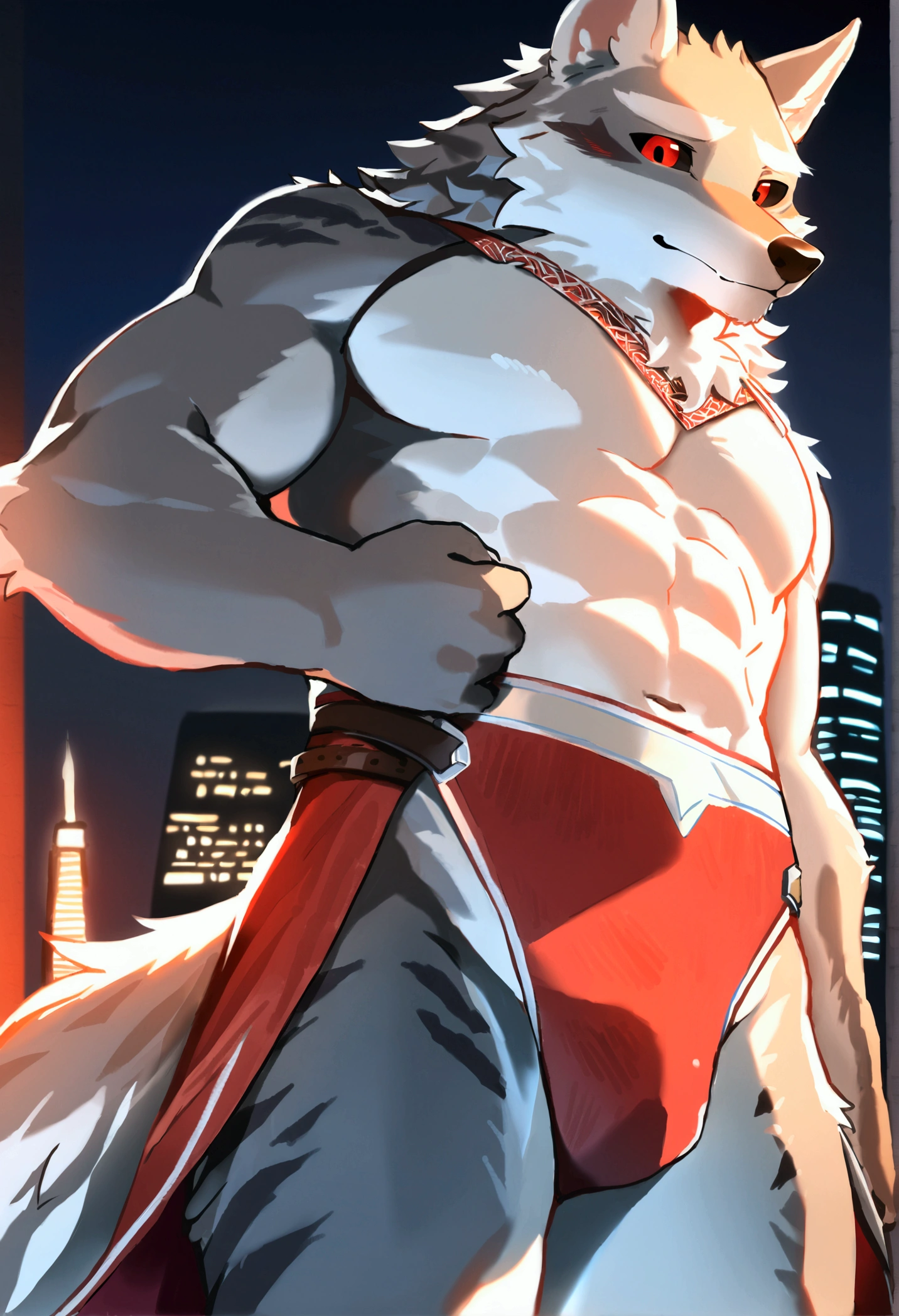 (top quality, best quality, Bogexboog, High-quality illustrations, masterpiece, perfect artwork, cinematic light and shading, 16k, 1080p, uploaded on e621)(kemono, furry, anthro, alone), 1 larger male, (very detailed body, face, tail, arms, hands, legs, head and eyes), Assasin’s Creed, grey wolf, Death, thick thighs, grey fur, fluffy, wolf ears, wolf fluffy tail, perfect eyes, black sclera eyes, red eyes, beautiful Assasin outfit, beautiful Assasin swimsuit, night city, body movement, body twitching, jiggle physics,