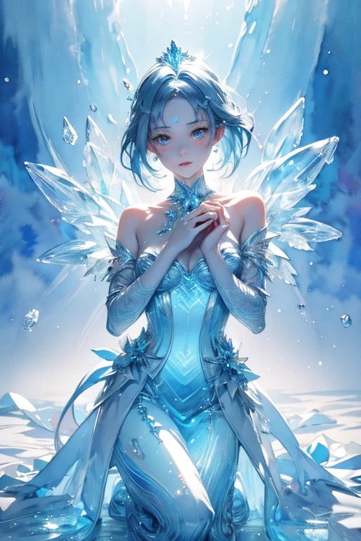 (masterpiece),  top quality ,  super detailed ,  illustrations, Detailed light,｛｛Statue of a woman sculpted in a transparent crystal｝｝、Cold 、｛｛cold｝｝、Freezing Temperatures 、,(((watercolor))), blue crystal hair、Ice Crystal Dress 、 Ice Crystals Like Hair、Ice Tiara、coldの霧、 Snowflakes、 High Quality Glow、｛｛｛Melted Ice ｝｝｝、Dry ice fog、（（watercolor））