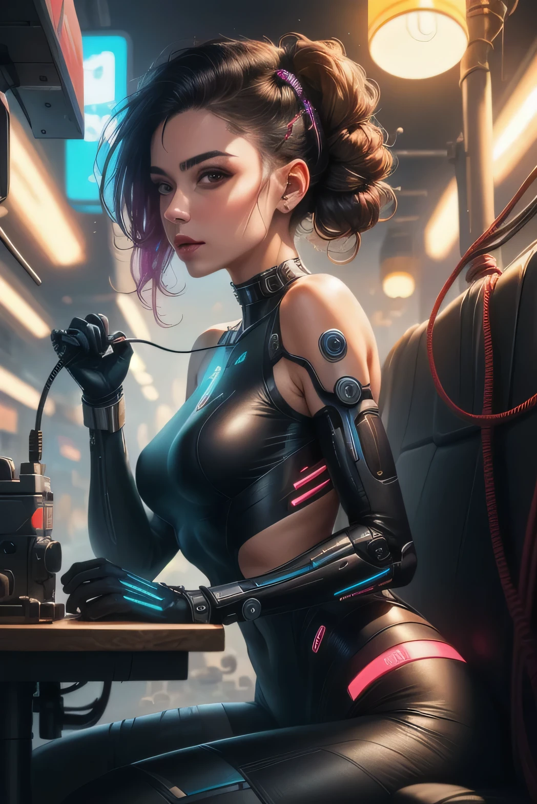 Uma belissima garota japonesa ciborgue, cyberpunk corpo lindo, peitos medios, belo quadril, partes mecanicas, cabelo medio, intincado detalhado, luzes neon, side view of the back looking at the viewer, on a luxurious terrace, vista de fundo predios futuristas da cidade