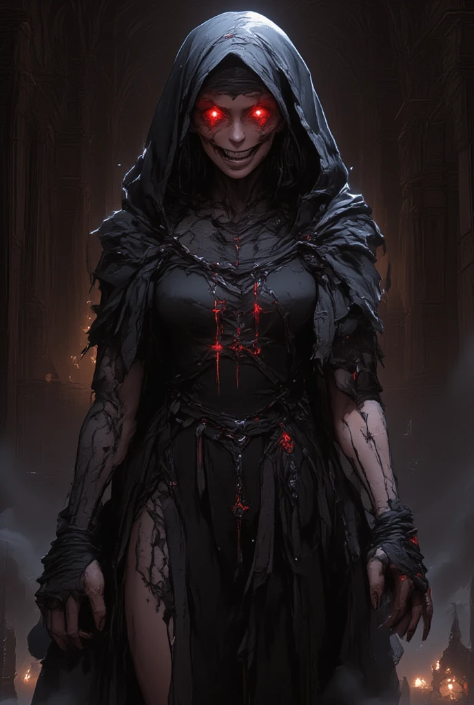 A sinister, demonic nun stands in the shadows of a crumbling, gothic cathedral. Her hollow, glowing red eyes pierce the darkness, and her twisted smile reveals sharp, fang-like teeth. She wears a tattered, black-and-gray habit that drips with unholy ichor, blending traditional religious attire with a macabre, otherworldly aesthetic. Her pale, cracked skin is etched with glowing runes of ancient curses. Wisps of dark smoke rise from her clawed hands, which clutch a corrupted rosary with inverted crosses. The air around her crackles with malevolent energy, and the faint sound of whispers and distant screams fills the eerie silence. The setting is illuminated by dim, flickering candlelight, casting long, menacing shadows that seem to move with a life of their own