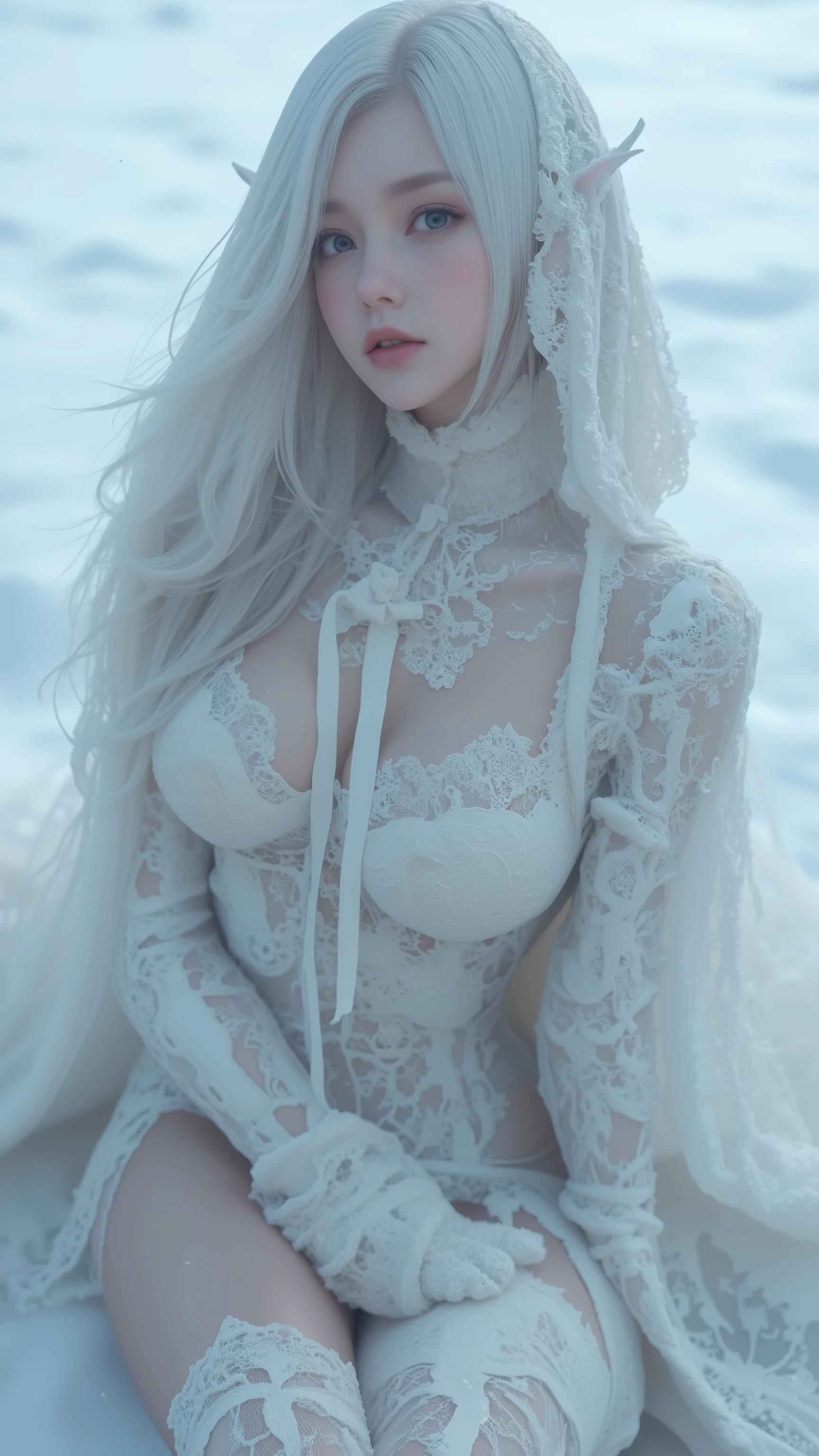 (8K)，realisticlying, A high resolution, 1 Women, Alone, (a gorgeous，Lolita costume)， pretty eyes, White hair, eye socket, (sitted，Cloak，blanketed in a mantle of snow)，snow field，