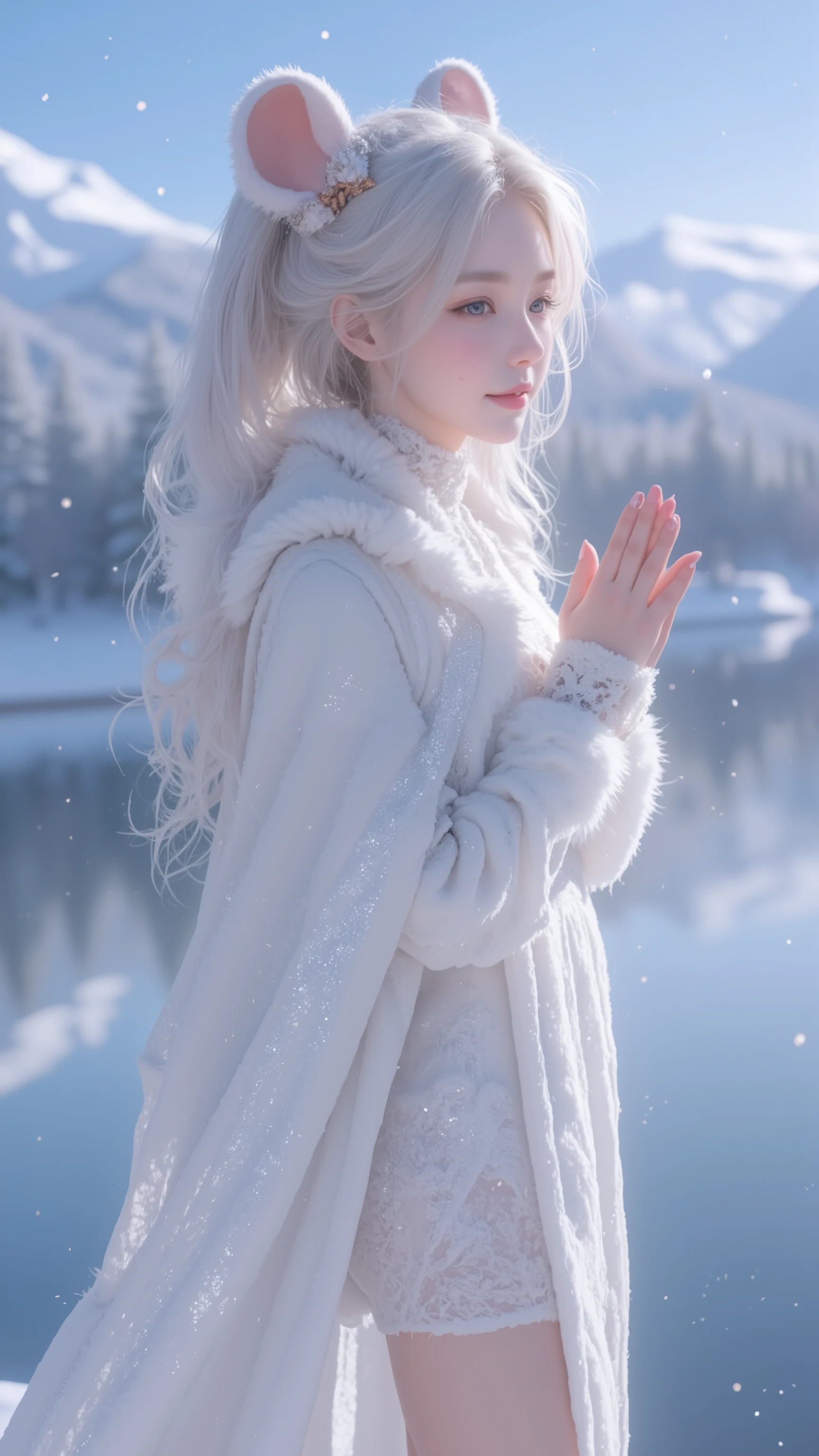 (the upper body:1.5).masterpiece、Highest quality、1 girl, winter, platinum blonde hair, Cute girl, smile, close mouse, medium breasts, sideboob:1.4, white dress, winter clothes, long skirt, Fur coat、Small waist、Thin legs、outdoors, front of the lake, snow falling, Prayer Pose, join hands, from side:1.5, side view, 