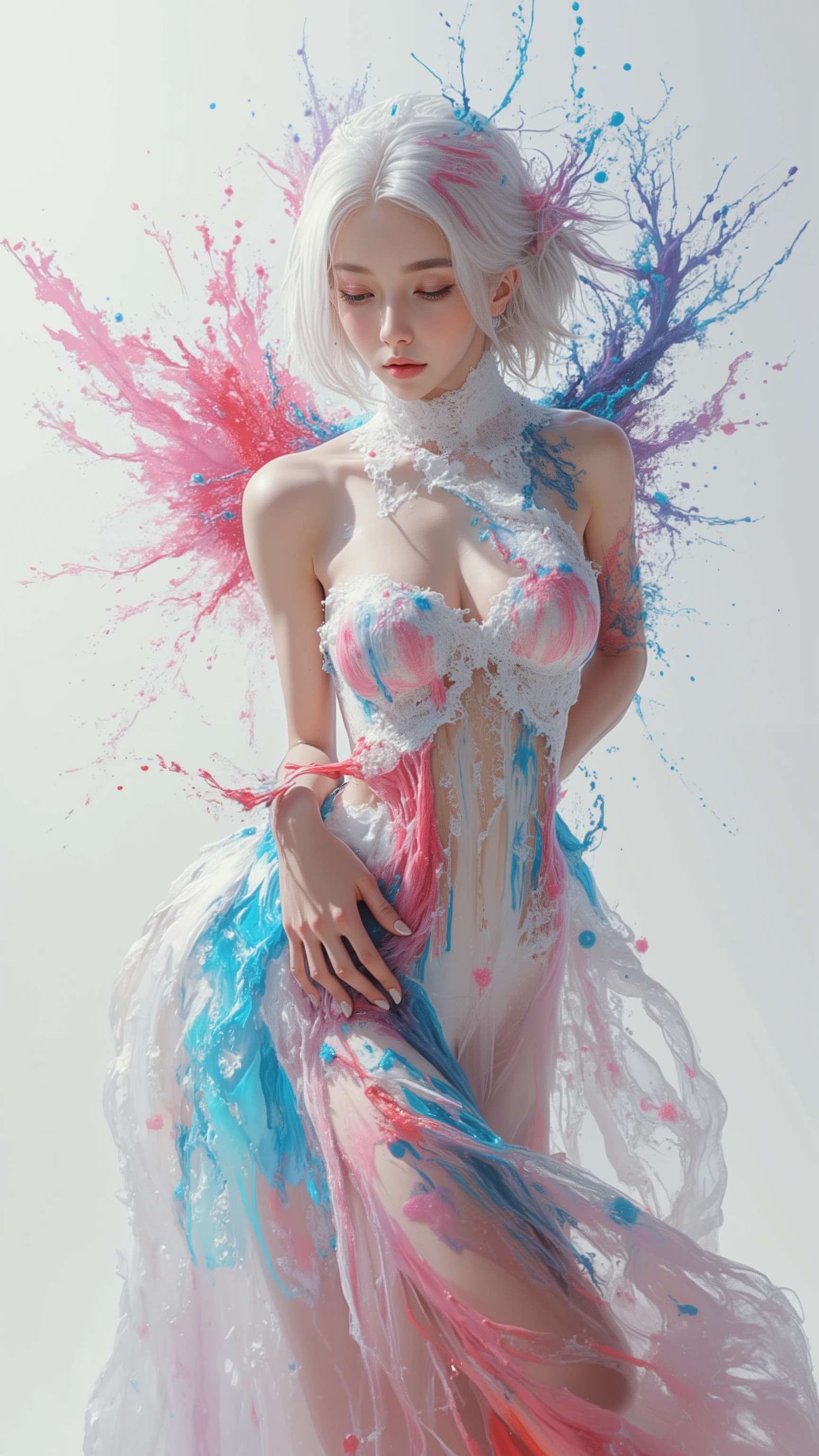 white hair girl with dress liquid paint, bleeding color, Visually stunning, Beautiful, emotional, Cinematic Lighting, ((pure white room)), ((More liquid paint splashes)), (Abstract art:1.4), (Delicate images), (Highly detailed), (high resolution), (Best quality), (masterpiece)