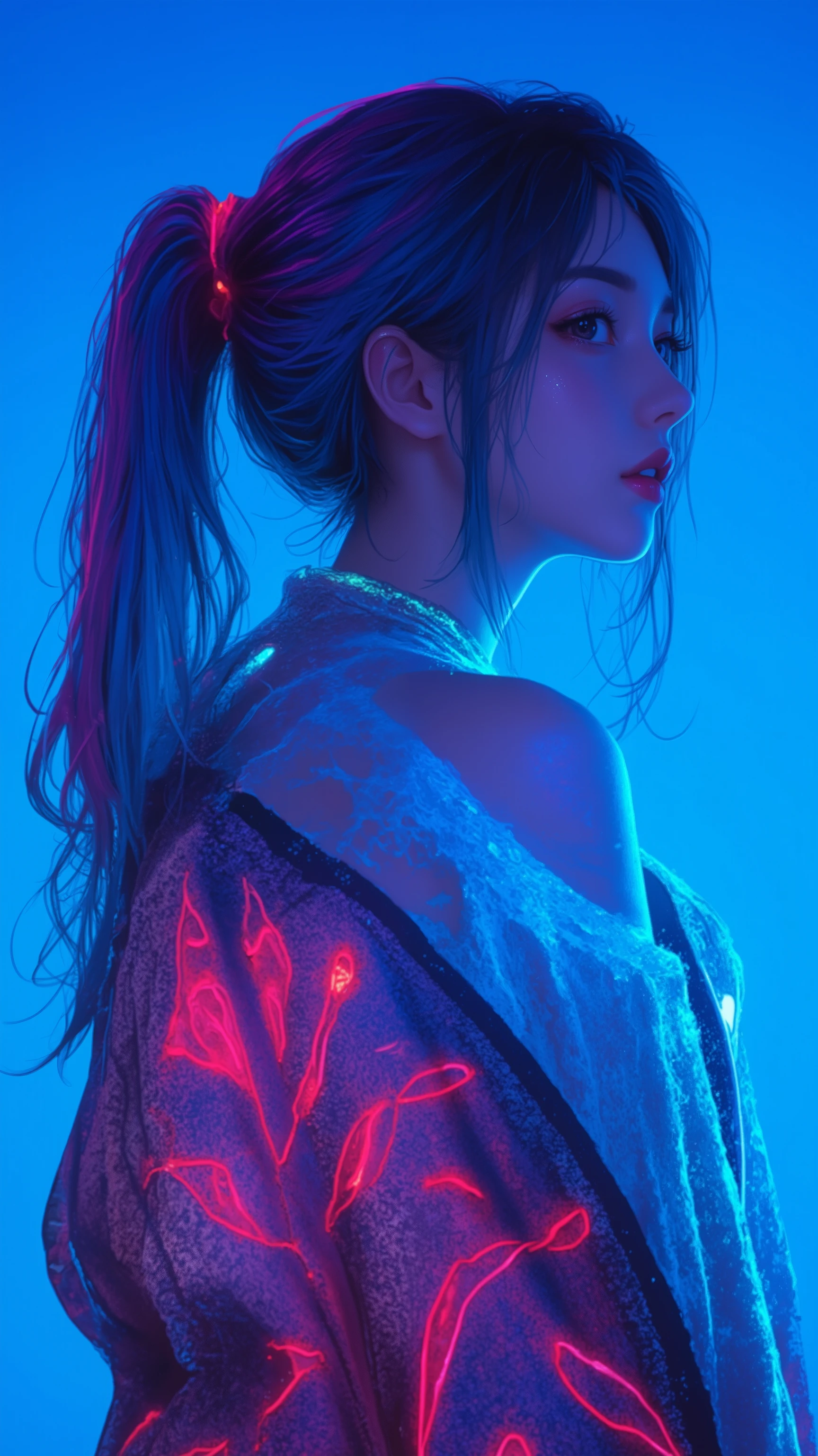 Illustrator, anime , Realistic ,sketch , 1 person, ,lip, Off-the-shoulder sweater, (((whole body))), order, Blue gradient background, Neon colored long ponytail hair,Texture Trim, Canadian, (masterpiece,Highest quality) cancer