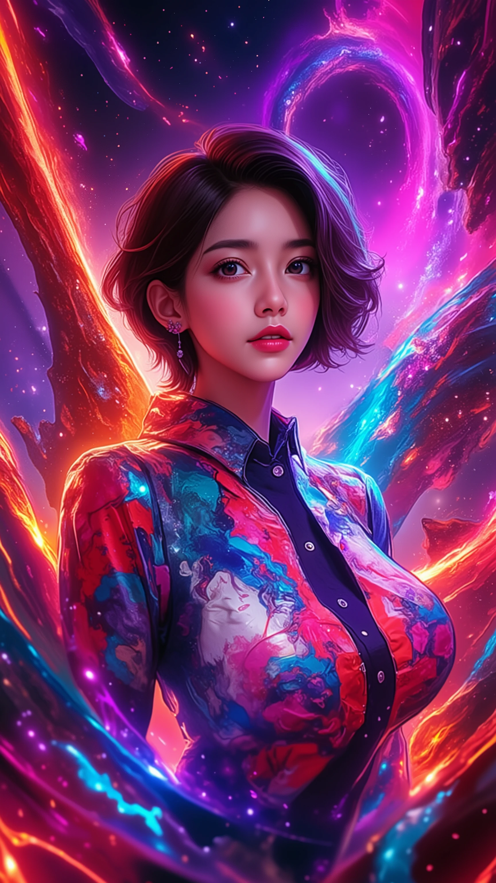 Kizi，shirt，short detailed hair，universe background，the detail，High gloss，red colour，em cor azul escuro，white colors，blue colors，In pink，cyan colors，solid color backdrop