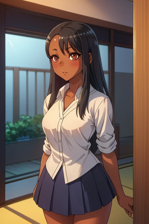 ((ultra quality)), (( masterpiece)), Hayase Nagatoro, ( black medium long hair )), ( pretty face ), ( beautiful feminine lips ), (), charming, ((Sexy facial expression)),  looks at the camera , ( dark skin  color), ( dark skin ), glow in the body, (( detailed eyes )), (( brown eyes)), (juicy female lips), ( dark eyeliner ), ( Beautiful feminine hands ), (( ideal female figure )), ideal female body, beautiful waist,  medium breasts, ((subtle and beautiful)), a seductive posture (), (wears a white shirt, dark blue skirt) bottom: Japanese apartment , (( Depth of field )), (( High quality clear image )), (Clear Details), (( high detail )),  realistically,  Professional photoshoot, (( Clear focus))