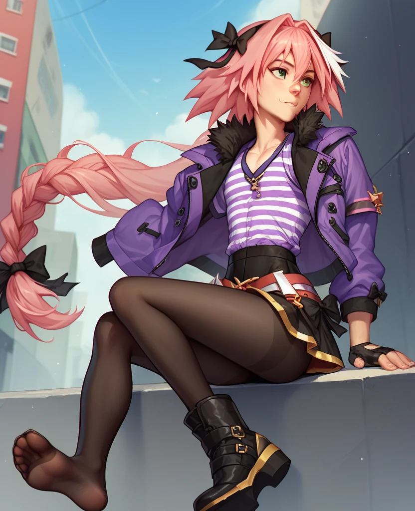 masterpiece, best quality, 1 boy, astolfo, Feminization, Hair between the eyes, hairpin, Long hair, Black skirthooded jacket, Hairpin, shirt, Open clothes, outdoor, mini skirt, black bow,  jacket, Long hair, Black pantyhose, purple jacket, striped shirt, Headband Black soles, Black pantyhose, boots, high waist pantyhose, (green eyes), male body, black fingerless gloves 