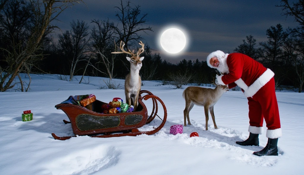 ((masterpiece)) ((photography)) ((Highest quality))  Santa Claus next to his sleigh in a deserted snowy forest, visibly nauseous. He has motion sickness, leaning over and vomiting into the snow. The sleigh is slightly tilted, with presents scattered around, and the reindeer looking on with puzzled expressions. The scene is illuminated by a pale winter moonlight, enhancing the humor and absurdity of the moment.