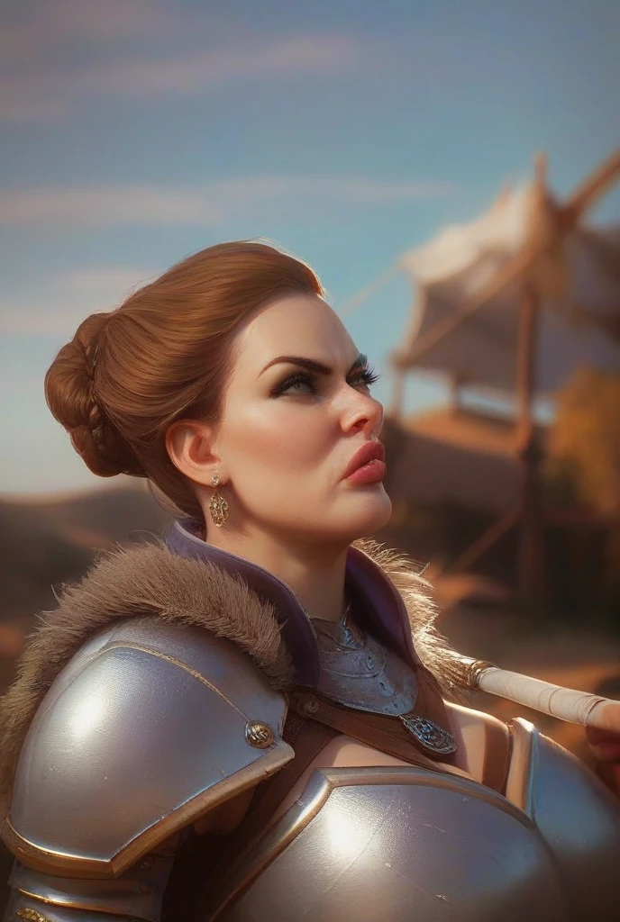 A portrait image of a tall, muscular, mature, milf, female woman. She looks serious and determined. She has strong arms and legs. She has thick lips, big lips. She has a ((heavy medieval armor) on). (She has a big and long fur cape on her back.) She has big chest. She has a huge rear. She is standing in a battlefield. High quality, best quality, beautiful face, detailed.