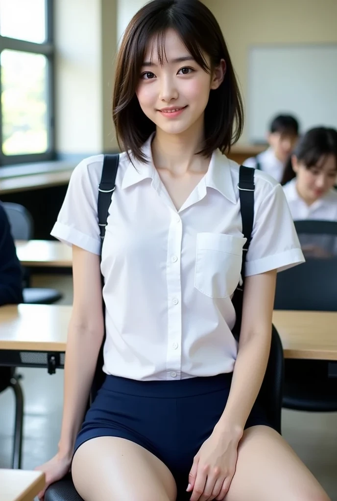 Close up,1 girl{{A beautiful woman wearing a white short-sleeved shirt and a short black pencil skirt}} , striking a sexy pose.  with several lecture tables set up behind it  There is a sliding glass window.  There was evening light streaming into the room.