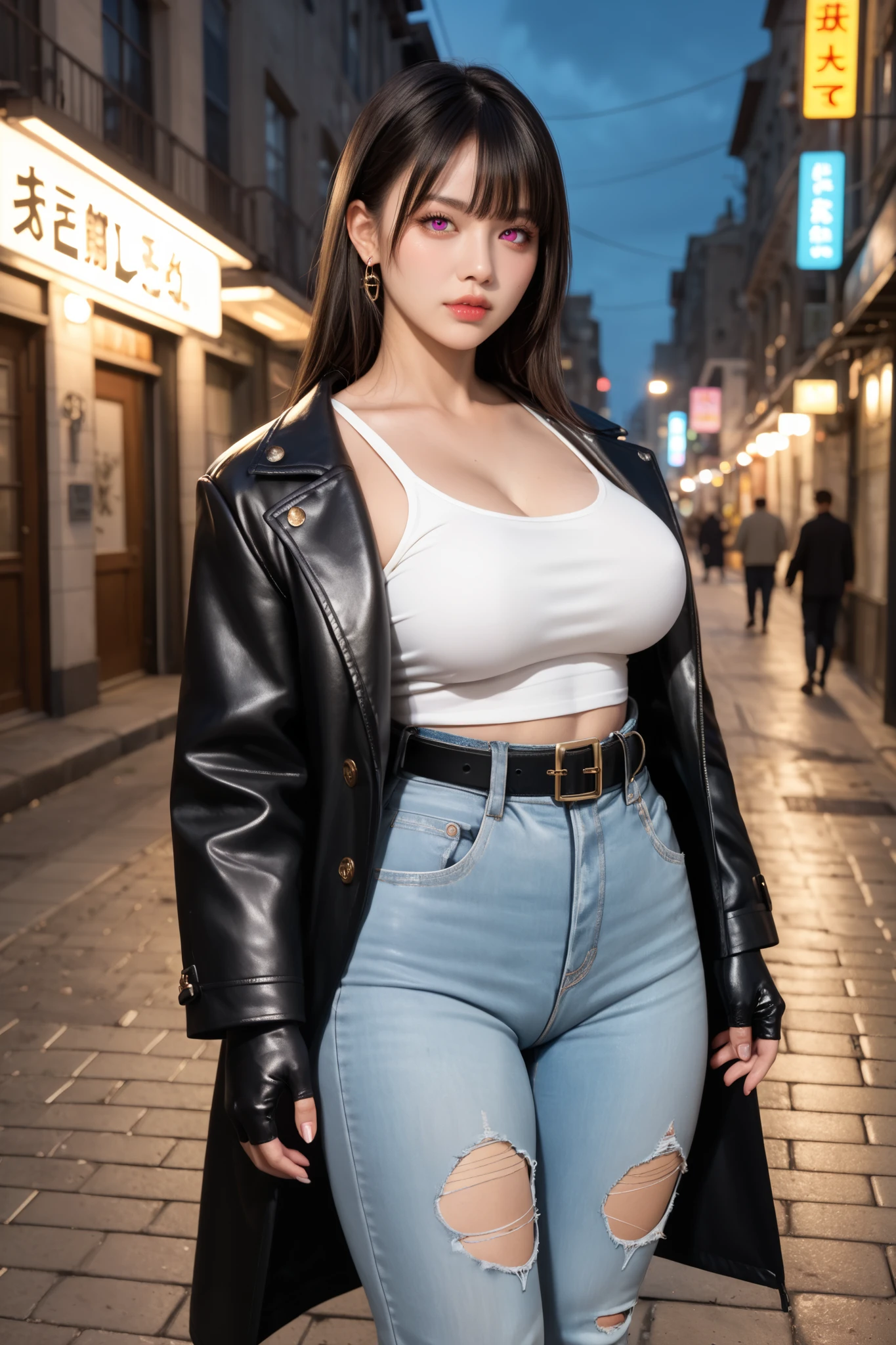 1girl, (Blue Eyes), (serious face :1.2), (Sana Minatozaki), (black makeup :1.2), (black eyeliner :1.2), wide hips, Big tits, big ass, (thin waist: 1.2), (thick and toned thighs), (Best Quality, 8k, Masterpiece: 1.3), Clear Focus: 1.2, Perfect Body Beauty: 1.4, strong abs, Highly detailed face and skin texture, detailed eyes, double eyelids, red lips, (black long straight hair :1.3), (cleavage black t-shirt :1.3), jeans, (close-up at face :1.3) in a street of tokyo at night, buildings illuminated by signs in the background