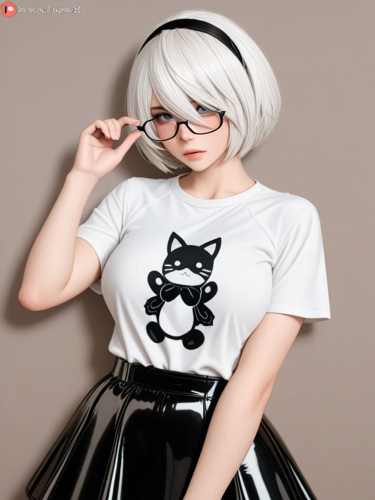 2B nier automata, white businness shirt tucked in, very short businness latex skirt, korean thin glasses