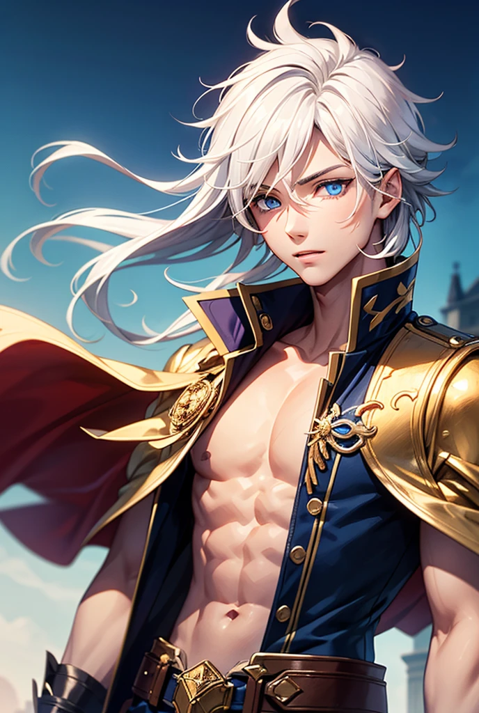 Jesse is tall He has white hair with red tips, and sharp grey eyes, they're so beautiful to look at. His hair is a bit wavy and he has a beautifully toned body. Muscular male. Jesse is seen wearing a navy blue and gold royal attire. Red hair stripes