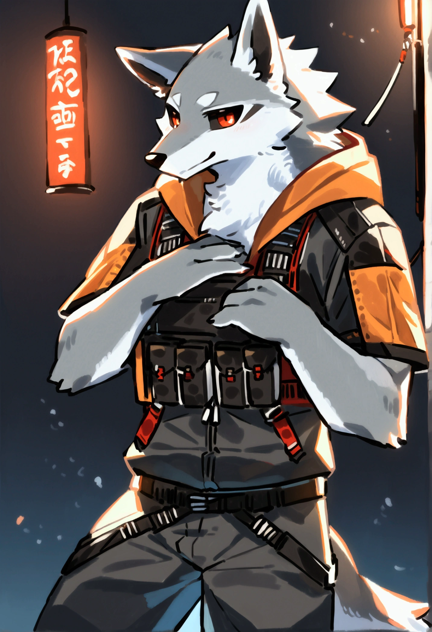 (top quality, best quality, Kawarage_Yatano, High-quality illustrations, masterpiece, perfect artwork, cinematic light and shading, 16k, 1080p, uploaded on e621)(kemono, furry, anthro, alone), 1 larger male, (very detailed body, face, tail, arms, hands, legs, head and eyes), Tom Clance’s The Division, grey wolf, Death, thick thighs, grey fur, fluffy, wolf ears, wolf fluffy tail, perfect eyes, black sclera eyes, red eyes, beautiful Agent outfit, beautiful Agent equipment, night city, body movement, body twitching, jiggle physics, small smile, feeling gay,