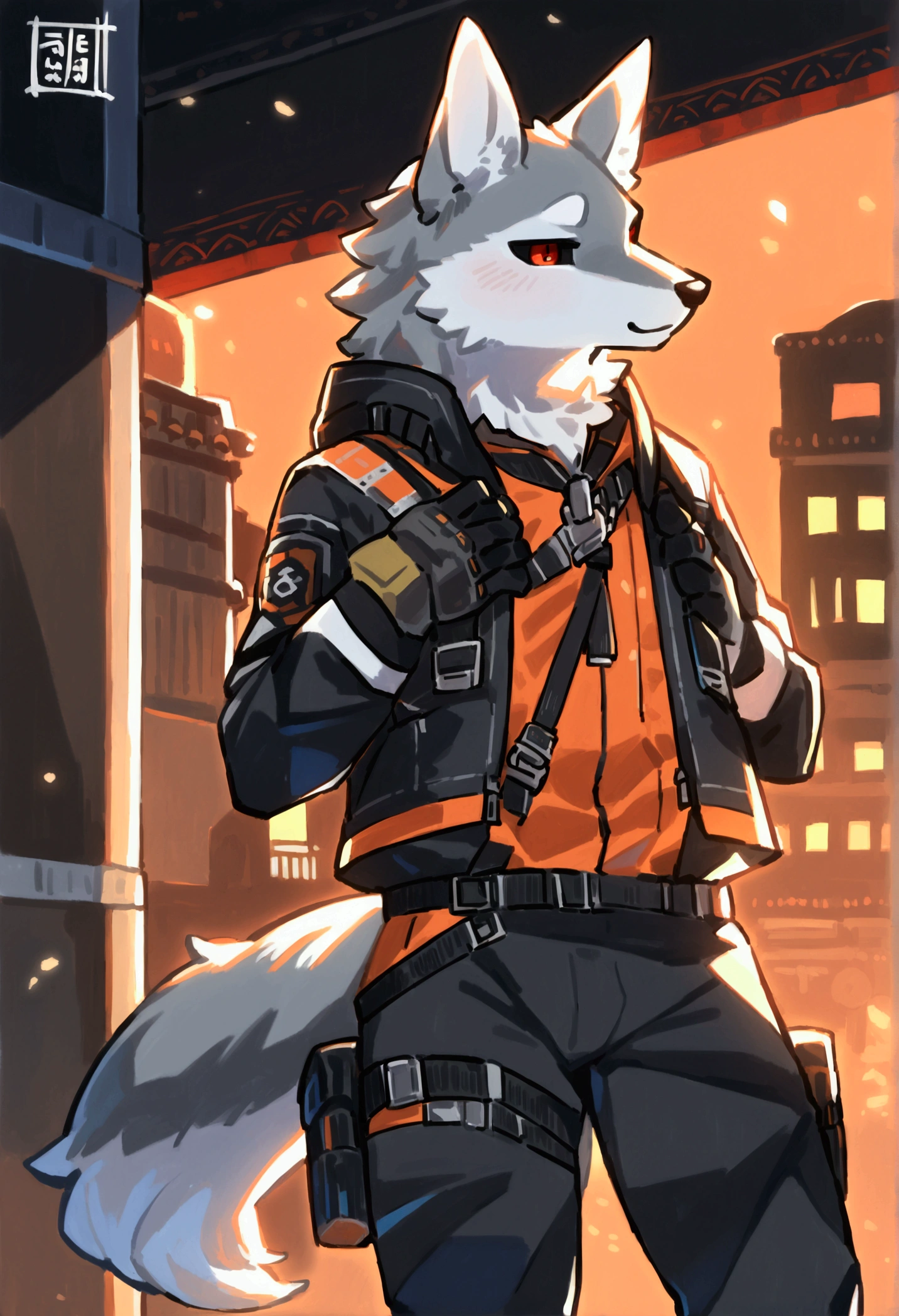 (top quality, best quality, Kawarage_Yatano, High-quality illustrations, masterpiece, perfect artwork, cinematic light and shading, 16k, 1080p, uploaded on e621)(kemono, furry, anthro, alone), 1 larger male, (very detailed body, face, tail, arms, hands, legs, head and eyes), Tom Clance’s The Division, grey wolf, Death, thick thighs, grey fur, fluffy, wolf ears, wolf fluffy tail, perfect eyes, black sclera eyes, red eyes, beautiful Agent outfit, beautiful Agent equipment, night city, body movement, body twitching, jiggle physics, small smile, feeling gay,