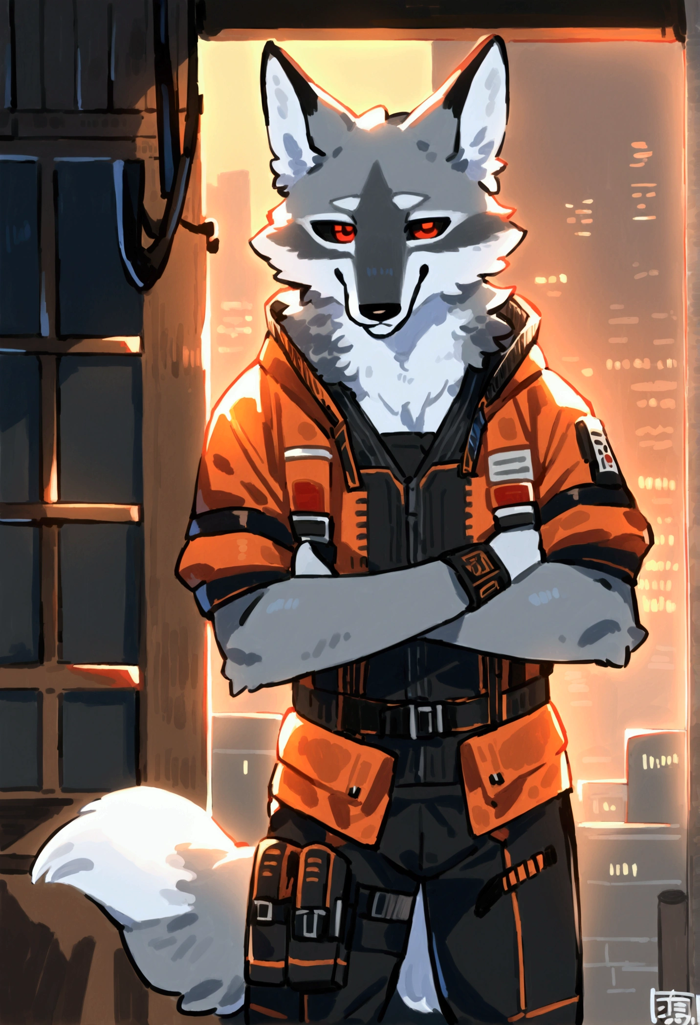 (top quality, best quality, Kawarage_Yatano, High-quality illustrations, masterpiece, perfect artwork, cinematic light and shading, 16k, 1080p, uploaded on e621)(kemono, furry, anthro, alone), 1 larger male, (very detailed body, face, tail, arms, hands, legs, head and eyes), Tom Clance’s The Division, grey wolf, Death, thick thighs, grey fur, fluffy, wolf ears, wolf fluffy tail, perfect eyes, black sclera eyes, red eyes, beautiful Agent outfit, beautiful Agent equipment, night city, body movement, body twitching, jiggle physics, small smile, feeling gay,