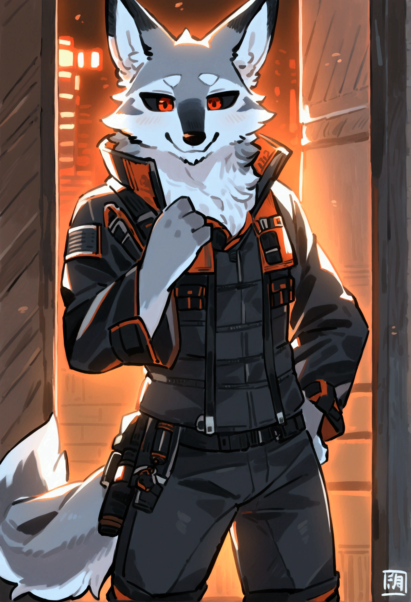 (top quality, best quality, Kawarage_Yatano, High-quality illustrations, masterpiece, perfect artwork, cinematic light and shading, 16k, 1080p, uploaded on e621)(kemono, furry, anthro, alone), 1 larger male, (very detailed body, face, tail, arms, hands, legs, head and eyes), Tom Clance’s The Division, grey wolf, Death, thick thighs, grey fur, fluffy, wolf ears, wolf fluffy tail, perfect eyes, black sclera eyes, red eyes, beautiful Agent outfit, beautiful Agent equipment, night city, body movement, body twitching, jiggle physics, small smile, feeling gay,