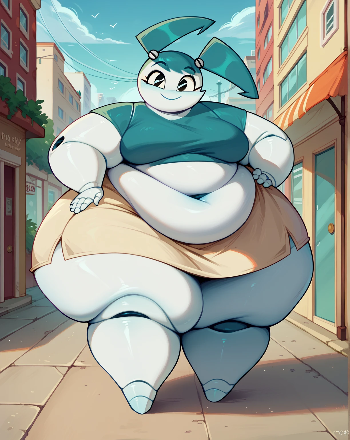 score_9, score_8_up, score_7_up, 1girl, solo, Jenny, white skin, joints, android, blue crop top, obese, skirt, smile, closed mouth, looking at viewer, hand on hip, detailed background, outdoors, urban, modern, 