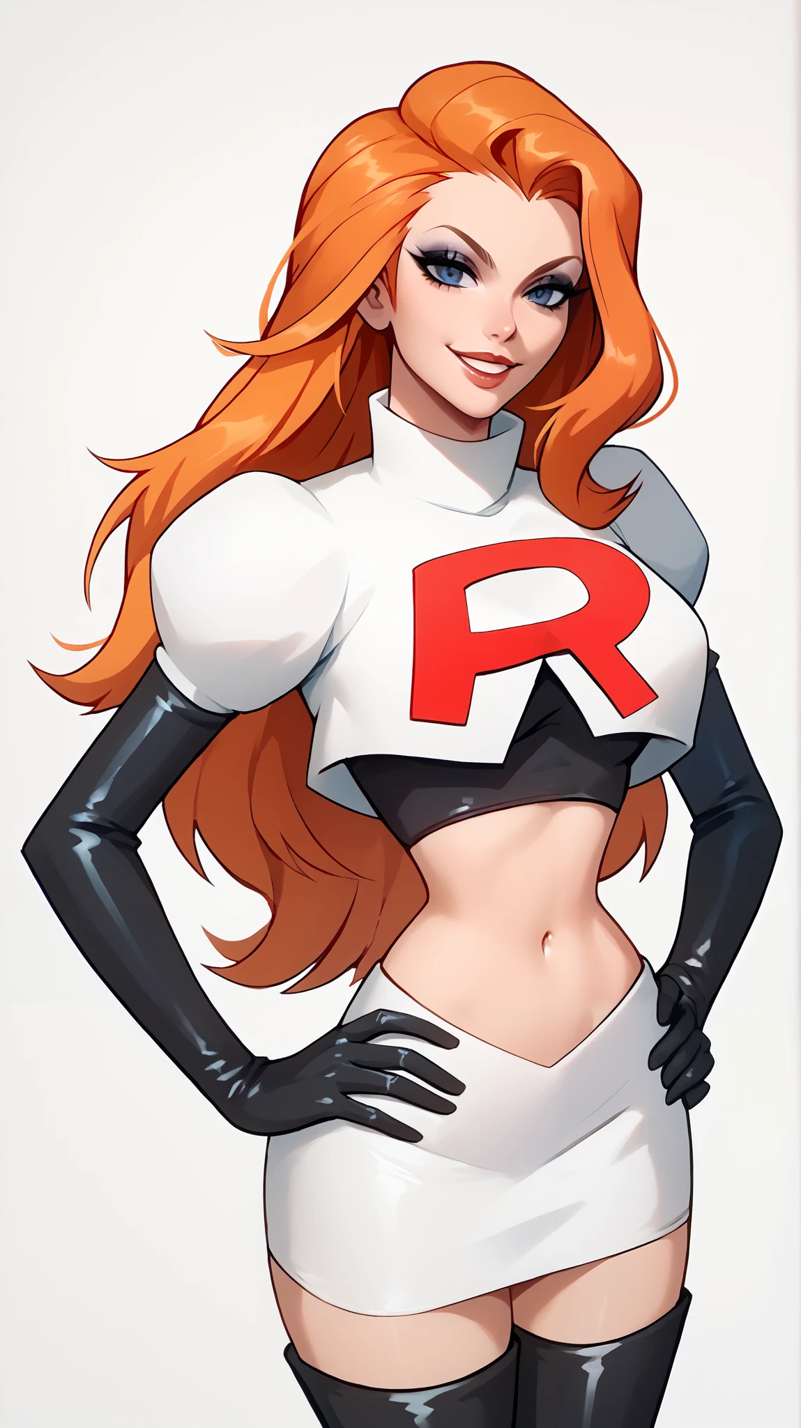 orange hair, long hair ,glossy lips, light makeup ,team rocket,team rocket uniform, red letter R, white skirt,white crop top,black thigh-high boots, black elbow gloves, evil smile, hands on hips