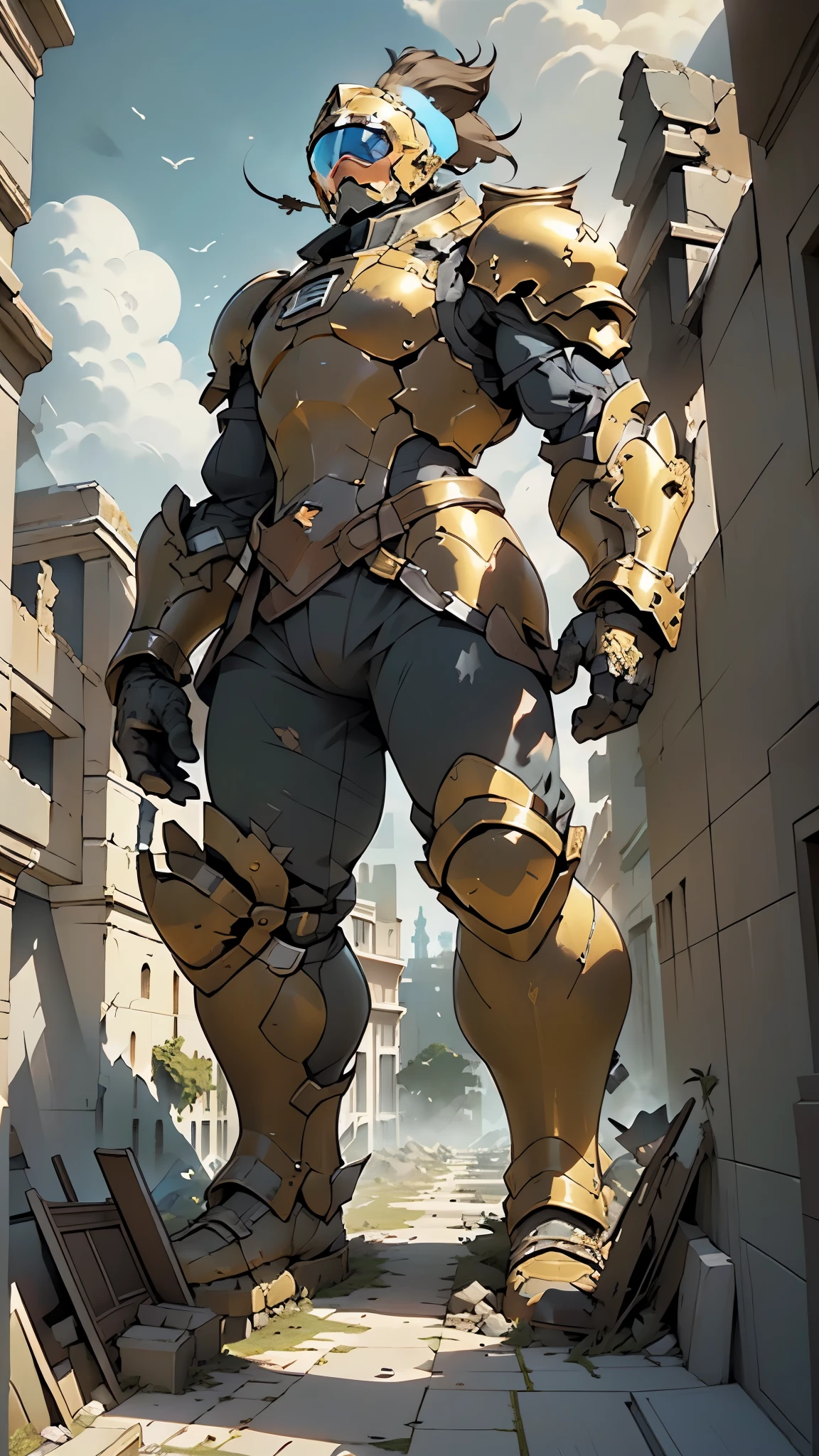 ((male giant)),gts, (knight, detailed armor, detailed helmet, heavy helmet, heavy armor, full armor, golden armor),

GTS-GTS, looking down, Trampling, destruction,

((Towering giant, smoke and clouds move around him, adding to the sense of epic scale and drama)). ((The perspective is from below, emphasizing the giant's majesty and power. Giant, giga-sized, stands in the middle of some ruins, surrounded by some furniture that looks small around him, he is much larger than everything around him)), aerial view, mega, stomping, annoying

(dynamic pose:1.0),

ancient scenery:1.25,((ruins scenery,treasure)),

((best quality)), ((masterpiece)), (detailed), Realistic Shadows, Detailed skin, Very detailed, Best Quality,(intense colors), ((3d)),

