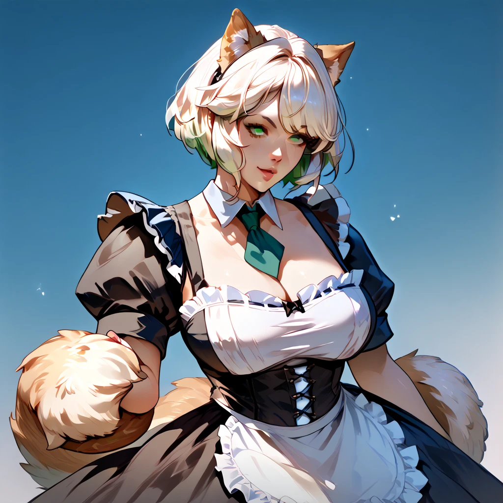 White haired short haired woman with a voluptuous figure and big tits wearing a maid dress that has dog ears with a dog tail also white in color, her green eyes